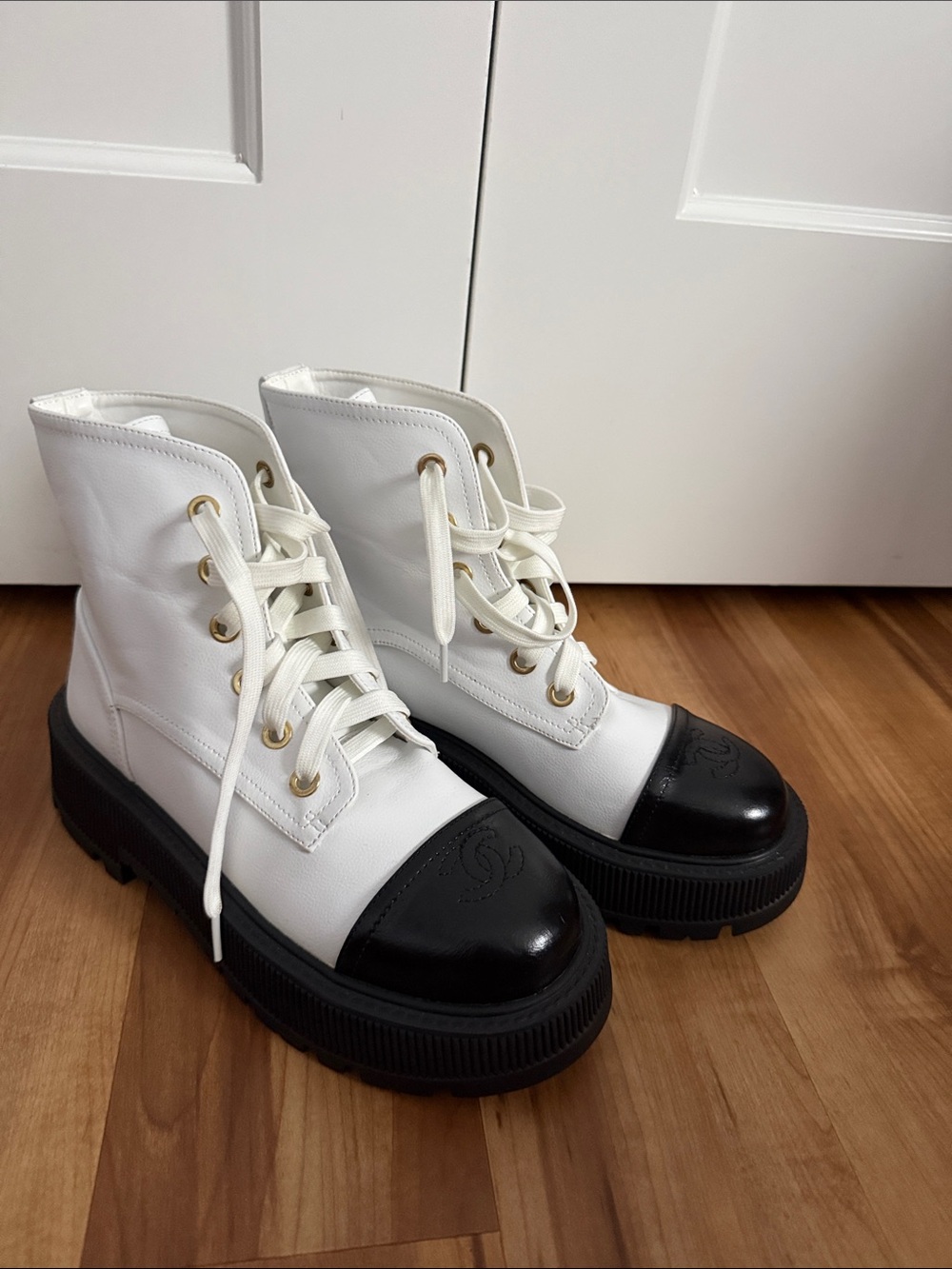 Authentic Chanel Platform Combat Boots, Size 38. Gold Hardware, White/Black Cap.
